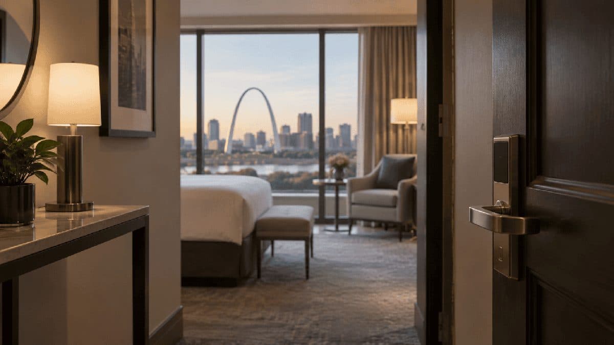 Illustration of a hotel hallway with a courthouse in the distance