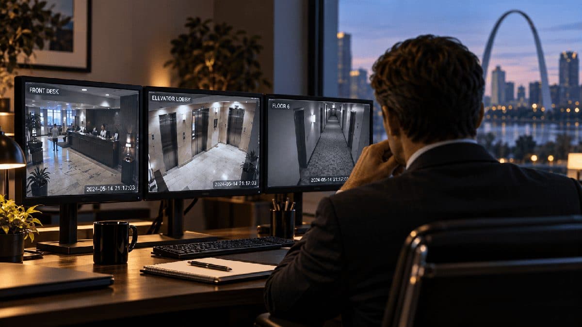 Illustration of an investigator reviewing records and surveillance footage