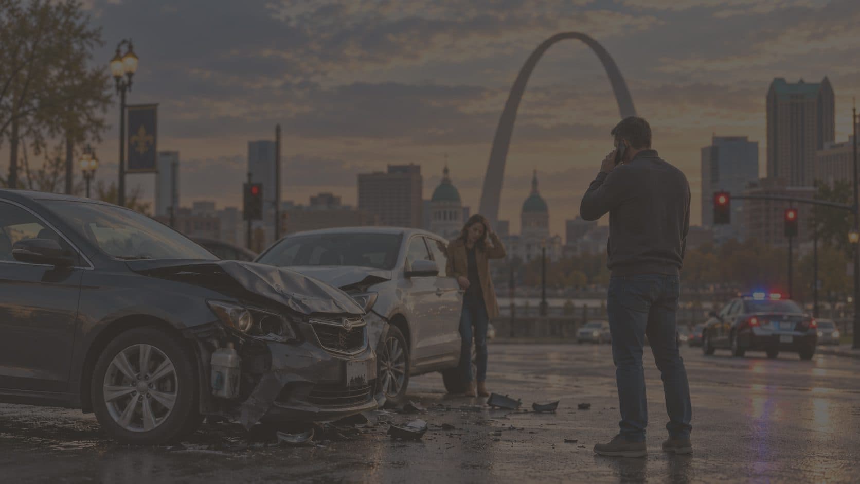 Illustration of a two-car collision on a St. Louis street with the Gateway Arch in the background